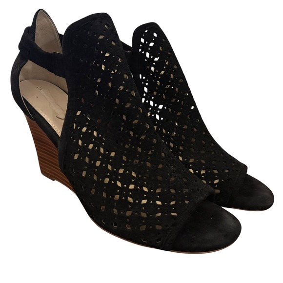 Cole Haan Grand Black Suede Leather Perforated Open Toe Wedge Shoes Women's 10B - Picture 1 of 16